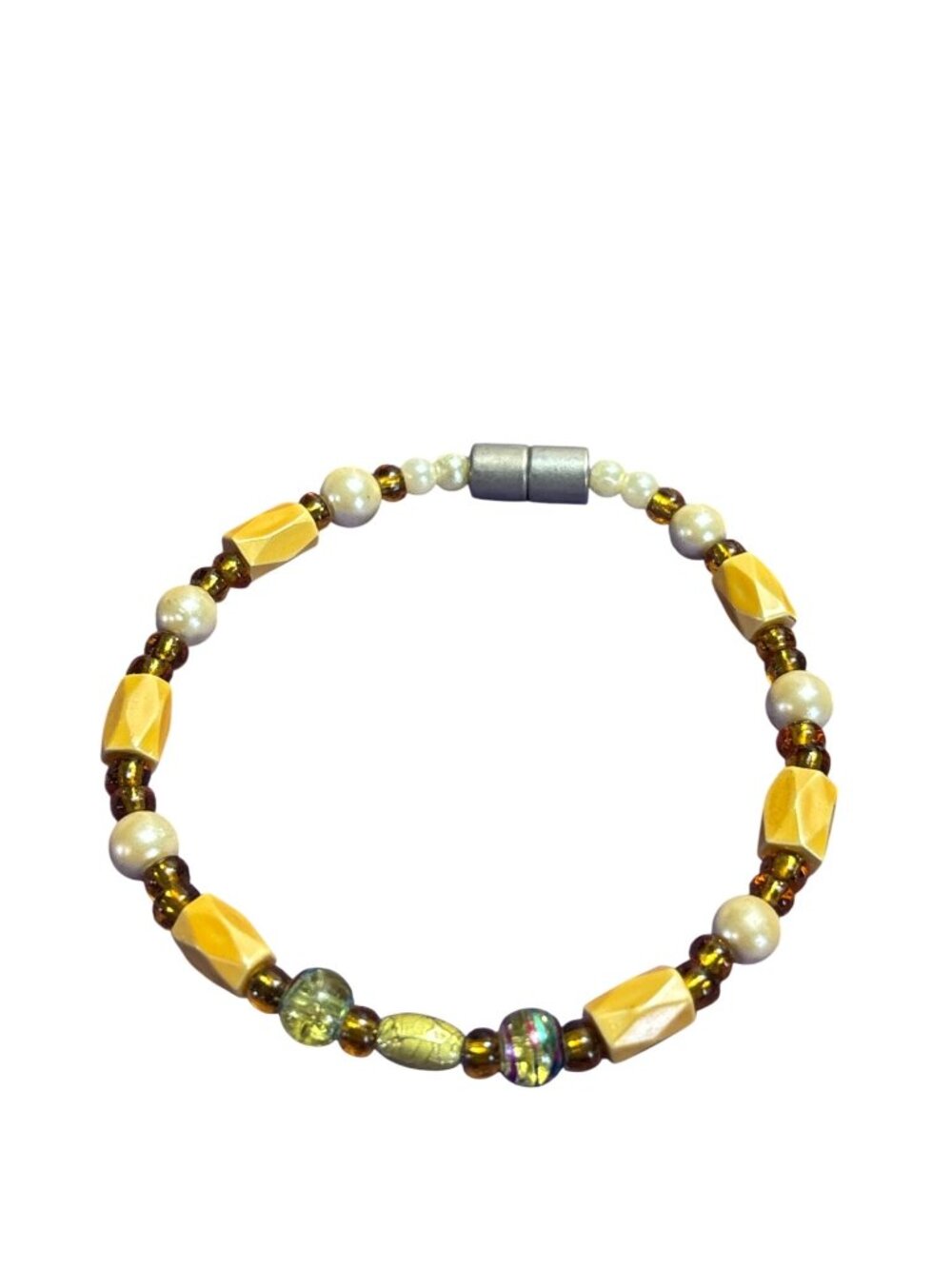 Artisan Beaded Bracelet Mixed Materials Faux Pearls Magnetic Clasp 6.75 inches